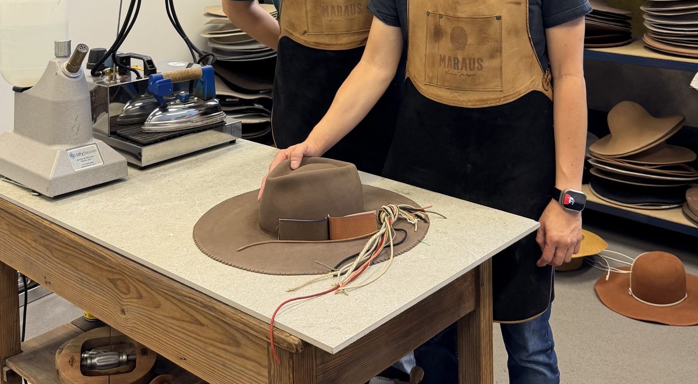 The hat taking shape on the workbench at Maraus, before Rui's finishing touches