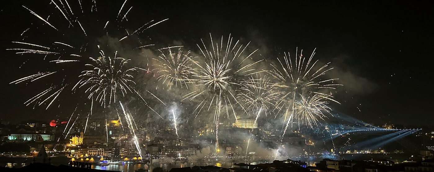 The São João fireworks over Porto at midnight, seen from WOW in Vila Nova de Gaia