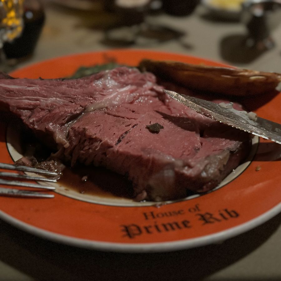 King's cut prime rib with creamed spinach at House of Prime Rib, 2023